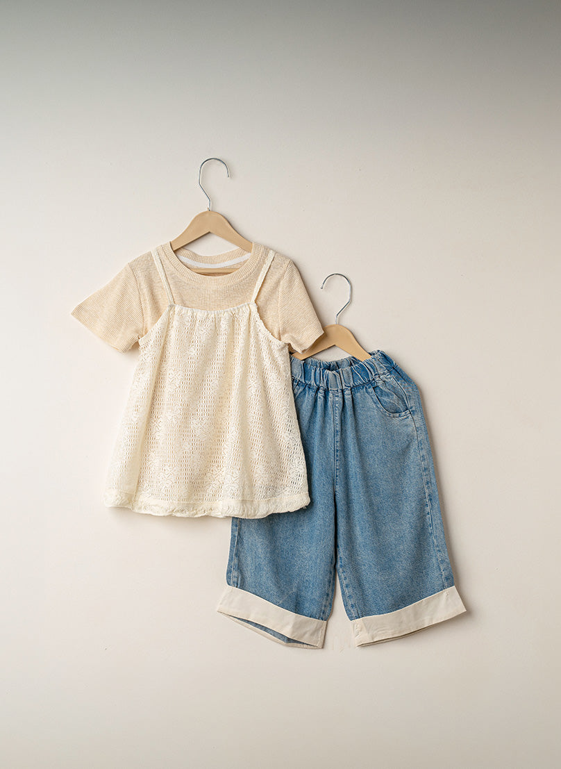 3-Piece Lace & Cuffed Denim Set
