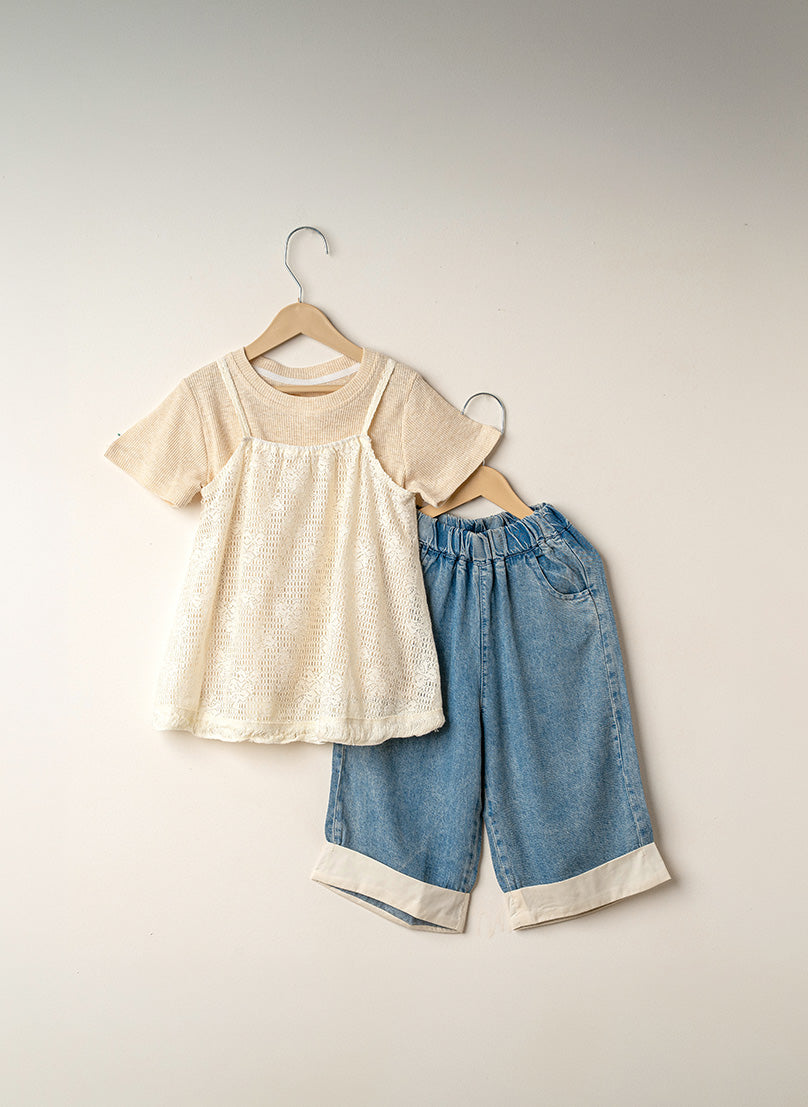 3-Piece Lace & Cuffed Denim Set